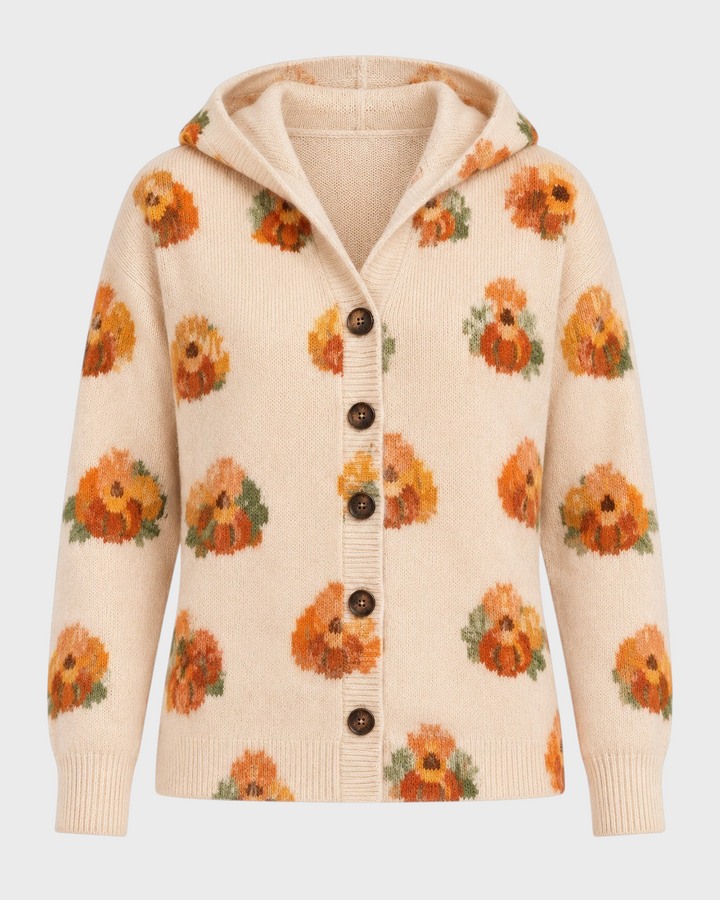Luna Moda Arianna beige knit cardigan with a hood and orange floral pattern, featuring a button-front closure.