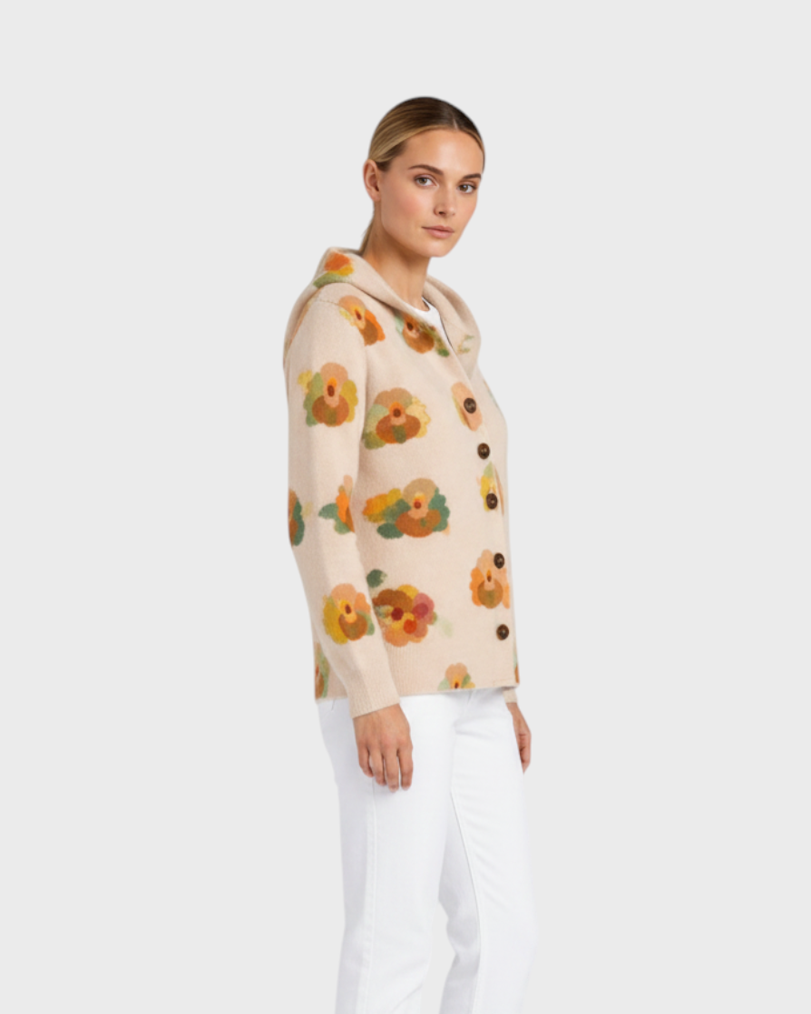 Luna Moda beige knit cardigan featuring a playful turkey pattern, hood, and button-down front for casual autumn wear.