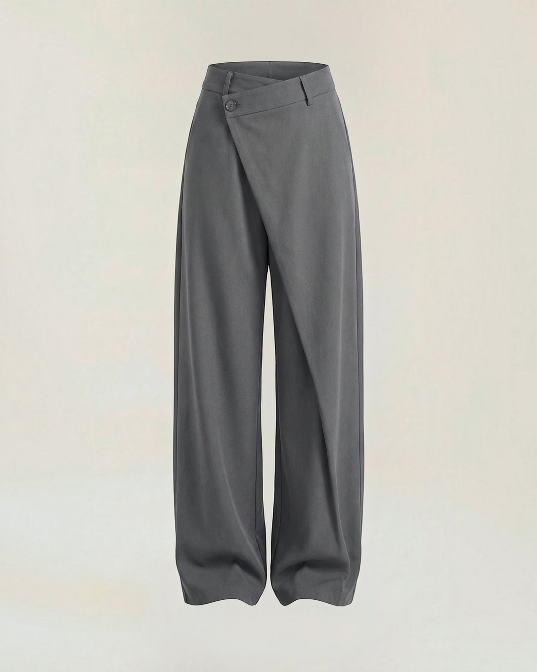 Luna Moda Licia wide-leg trousers in charcoal grey with an asymmetric wrap front panel and button detail.