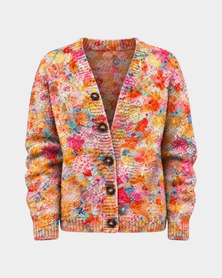 Luna Moda Aurora vintage knit cardigan featuring a vibrant hand-painted floral pattern in amber, coral, and teal.
