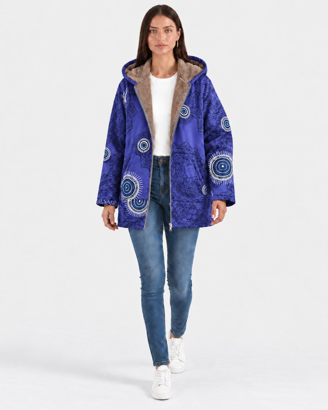 Luna Moda Aurora blue hooded jacket with geometric patterns and soft sherpa lining worn by a model