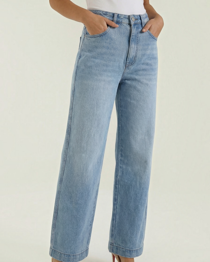 Luna Moda Eliana high-waisted wide-leg jeans in vintage light blue denim with a classic five-pocket design.