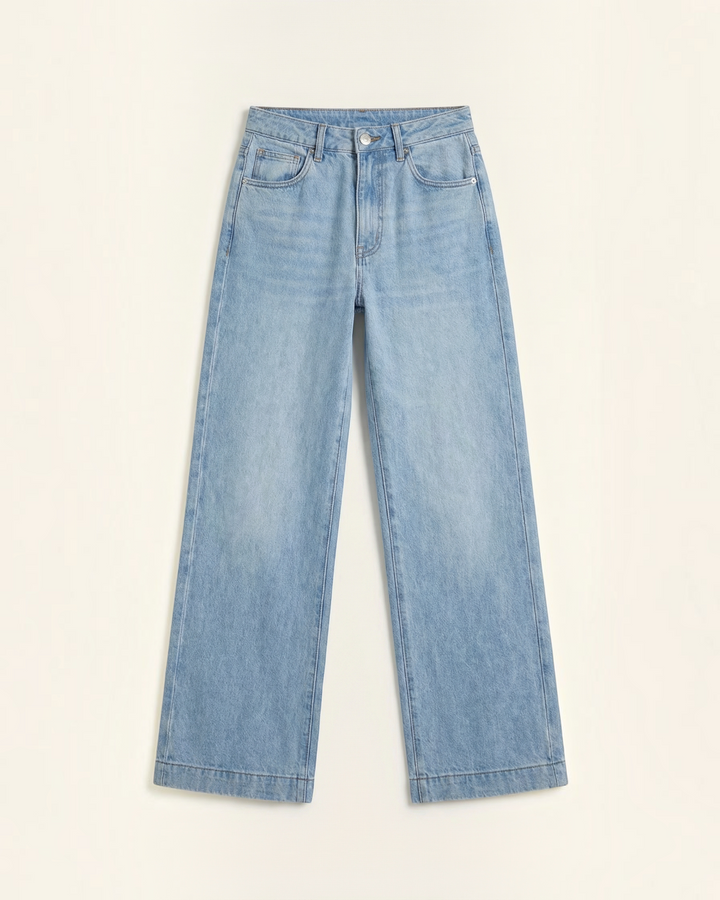 Luna Moda Eliana high-waisted wide-leg jeans in light vintage wash denim with classic five-pocket styling.