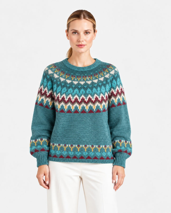 Luna Moda Barbara handmade teal sweater with a traditional Nordic fair isle pattern and soft knit texture