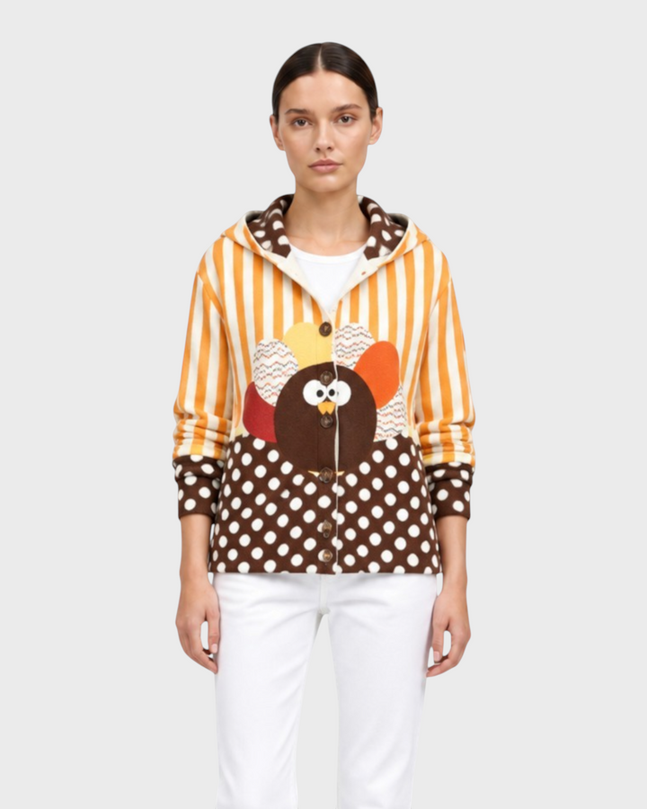 Luna Moda Beatrice hooded cardigan featuring a brown and yellow striped and polka dot pattern with a cute owl motif.