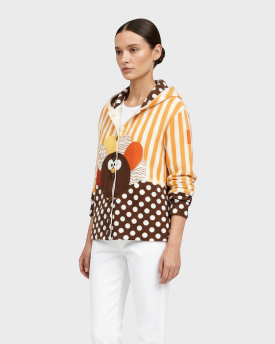 Luna Moda Beatrice hooded cardigan featuring a festive turkey graphic, orange stripes.