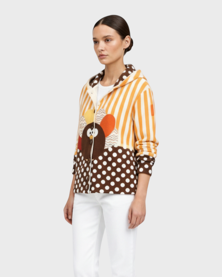 Luna Moda Beatrice hooded cardigan featuring a festive turkey graphic, orange stripes.
