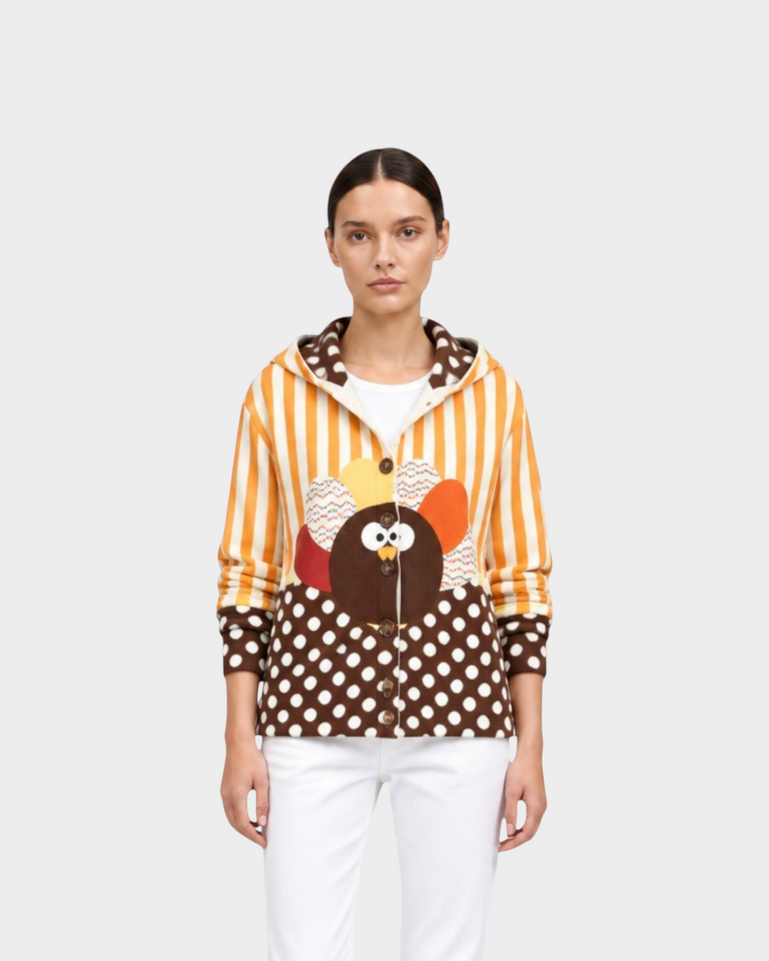 Luna Moda Beatrice hooded cardigan featuring a brown and yellow striped and polka dot pattern with a cute owl motif.