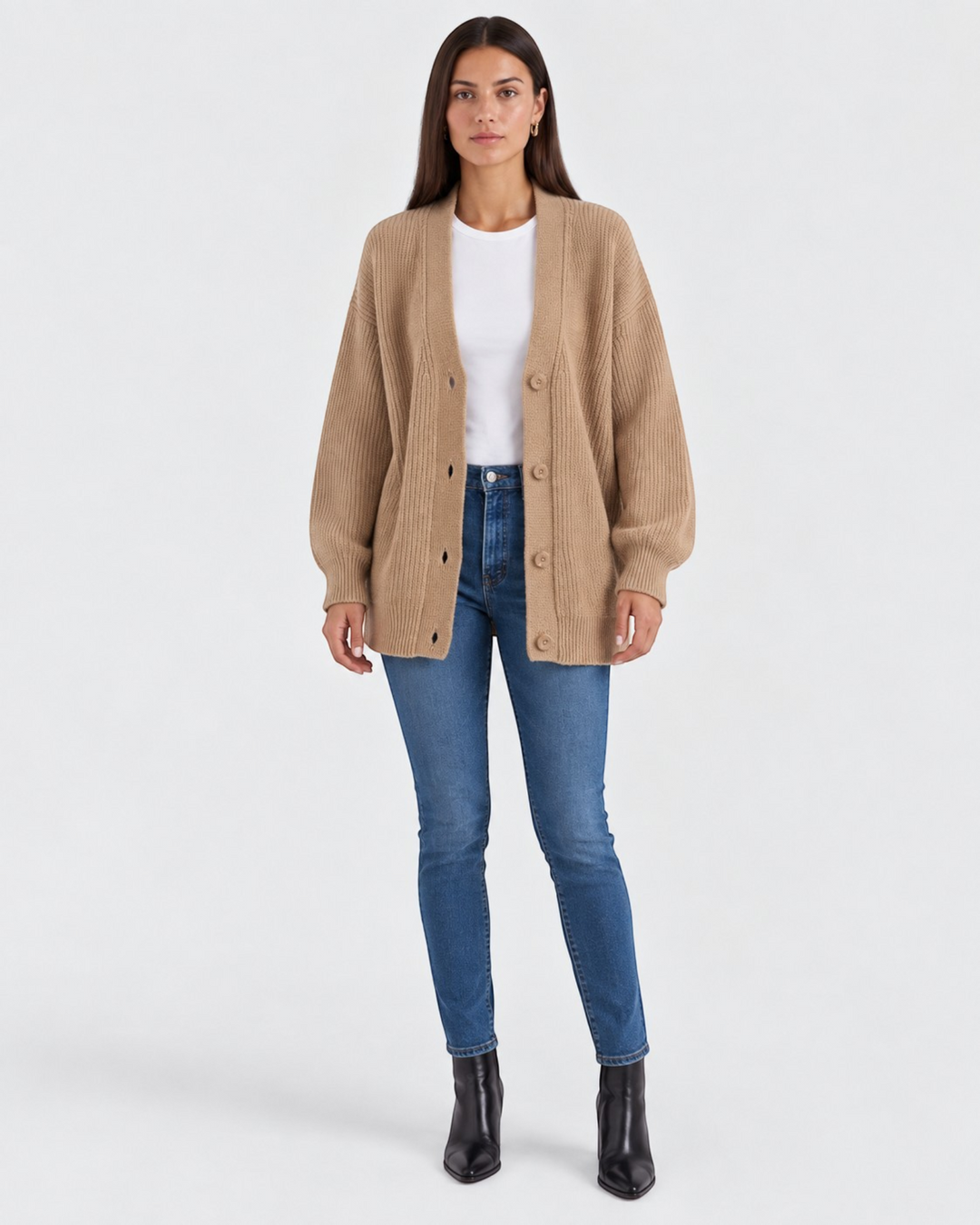 Luna Moda beige cashmere V-neck cardigan worn by a model with blue jeans and black boots