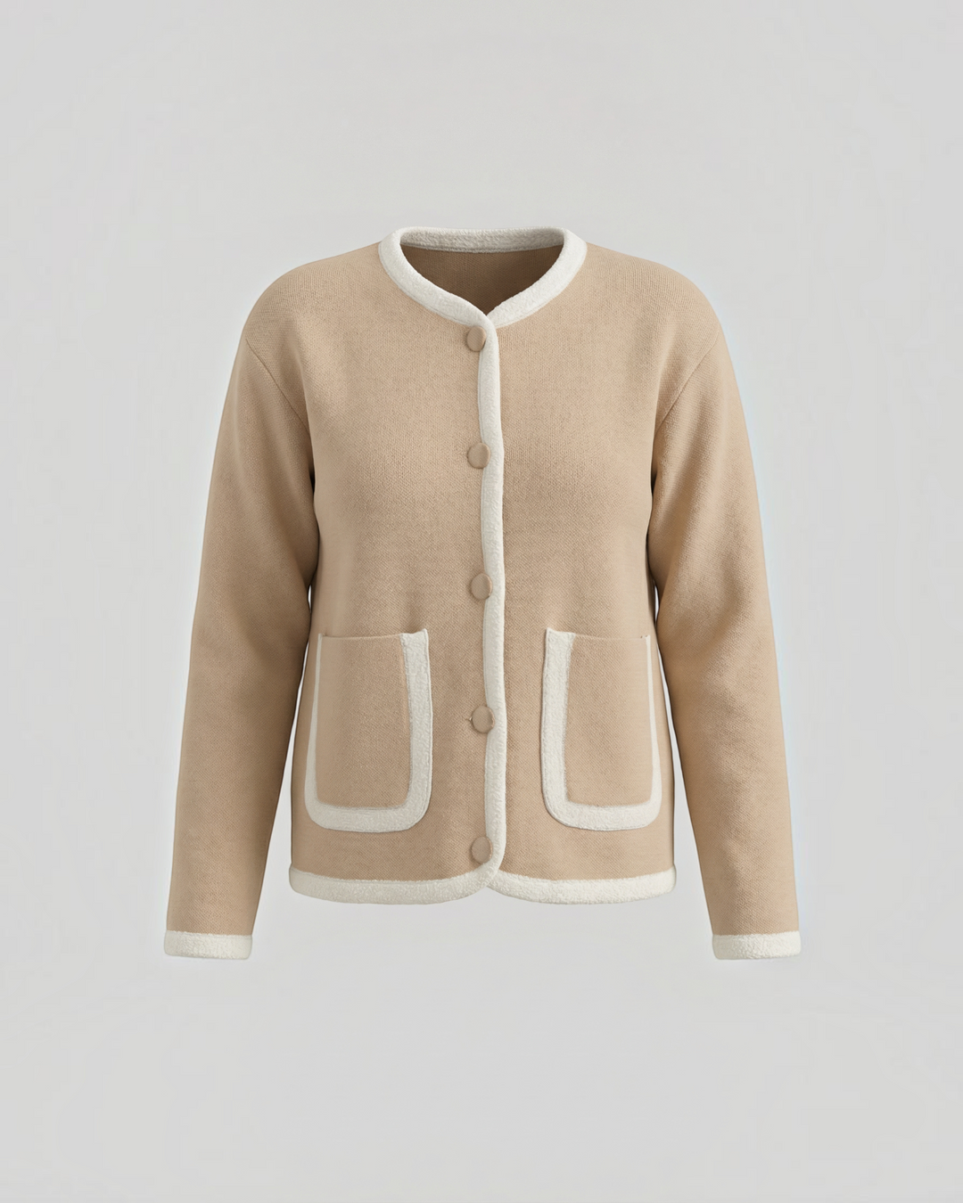 Luna Moda beige cropped cardigan with white contrast piping, front button closure, and two patch pockets.