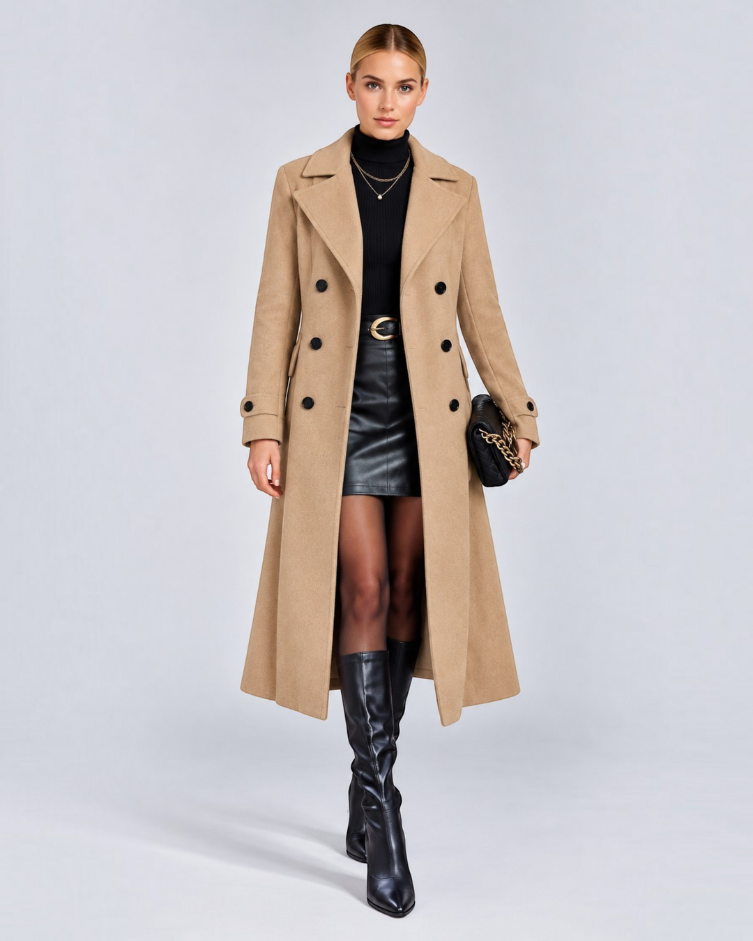 Model wearing a Luna Moda beige double-breasted long coat over a black turtleneck, leather skirt, and knee-high boots
