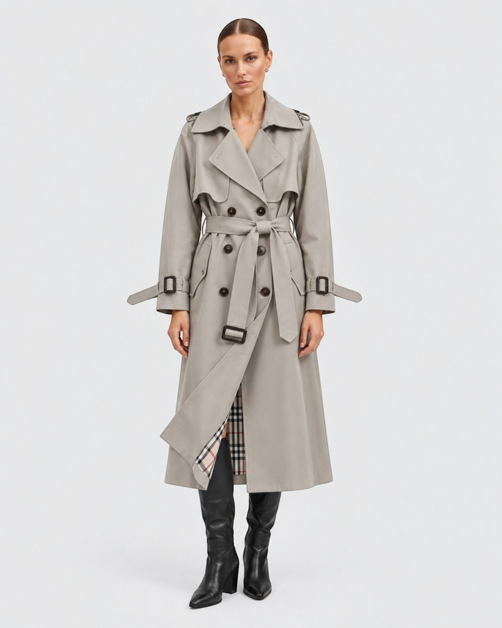 Luna Moda double-breasted beige trench coat with a belted waist and plaid lining worn by a model in black boots