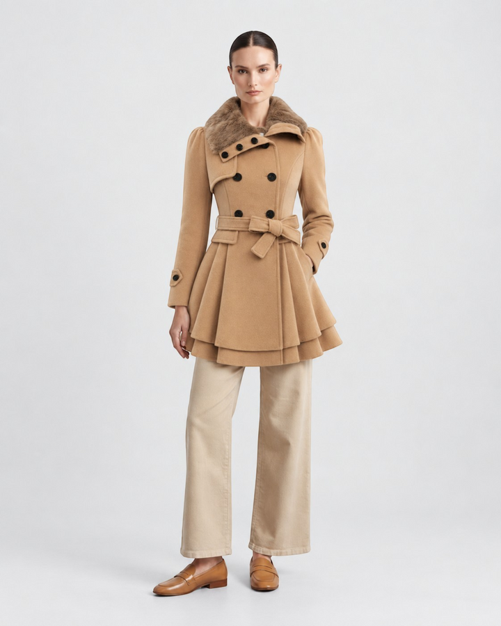 Luna Moda beige flared coat with a faux fur collar, double-breasted buttons, and a waist belt worn by a model.