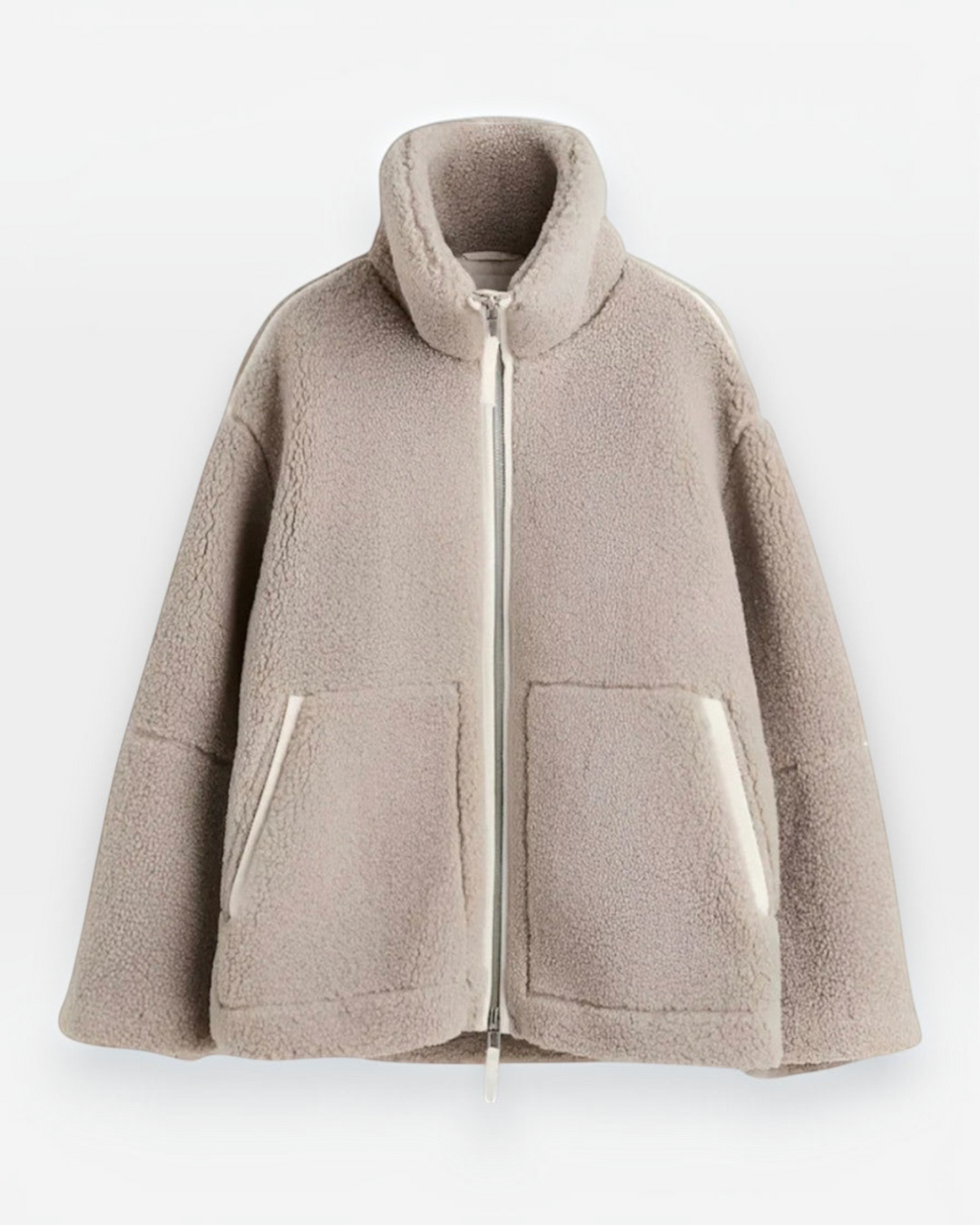 Luna Moda Anastasia beige fleece zip-up coat with a high collar and front pockets for winter comfort.