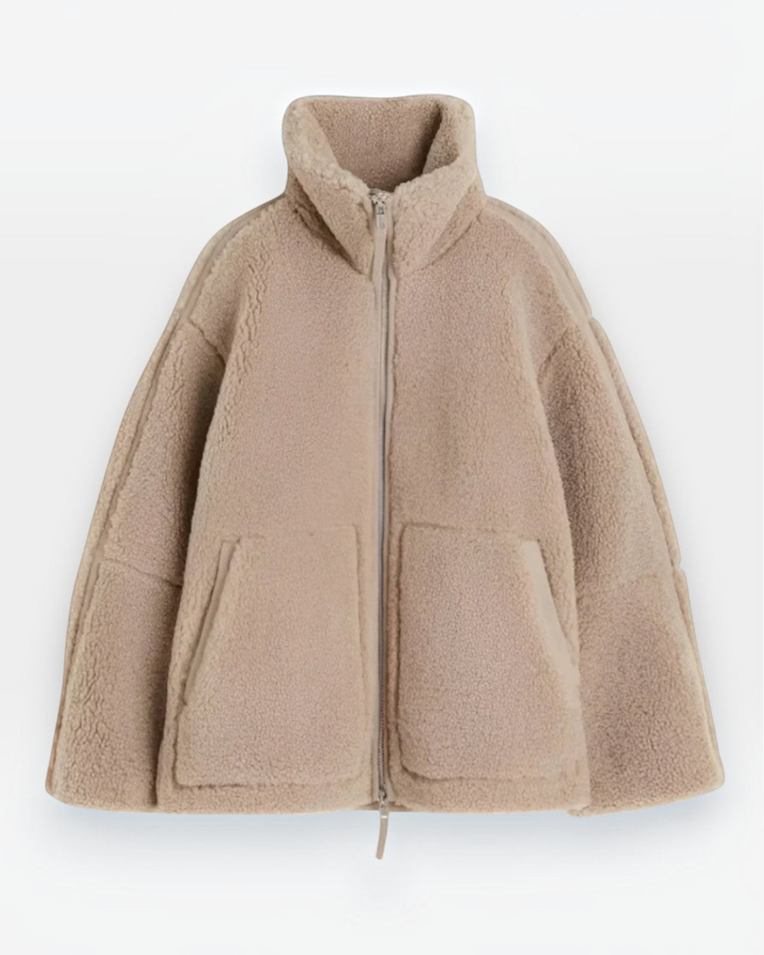 Luna Moda Anastasia beige fleece zip-up coat with a high collar and oversized fit for winter comfort.
