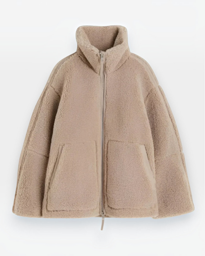 Luna Moda Anastasia beige fleece zip-up coat with a high collar and oversized fit for winter comfort.