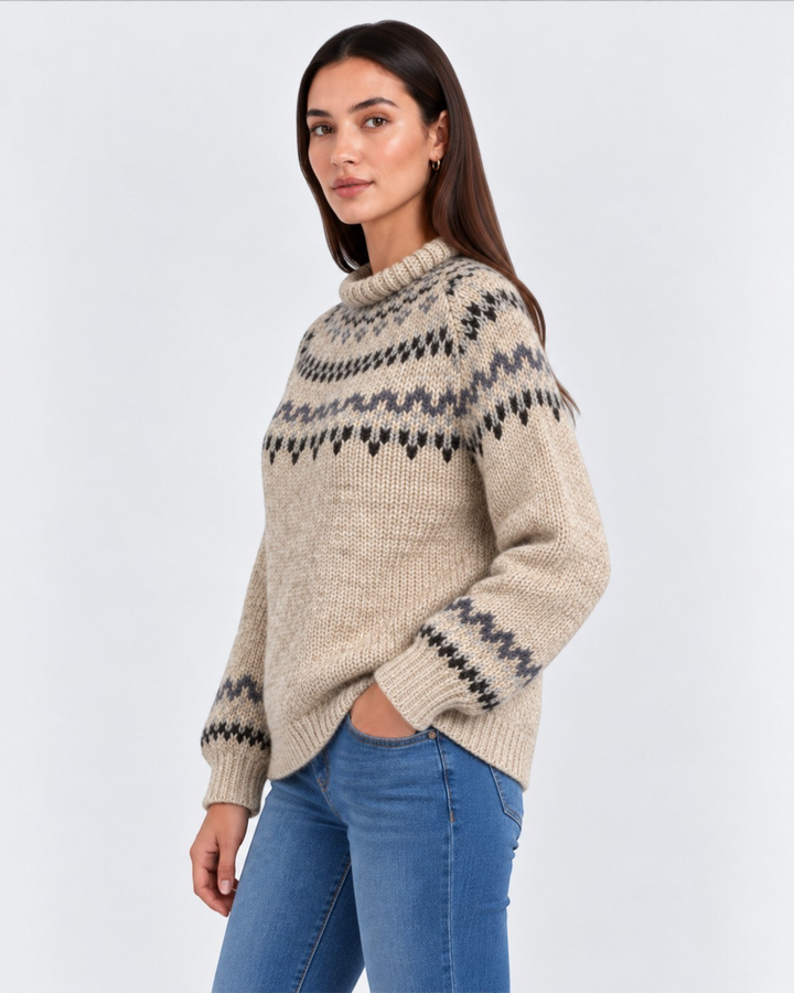 Luna Moda Erica beige handmade jacquard high neck sweater with traditional Icelandic patterns worn by a model
