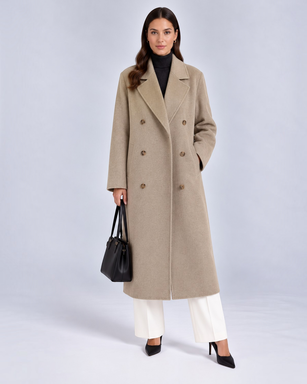 Luna Moda beige long wool coat with double-breasted buttons and belt worn by a model with a black handbag