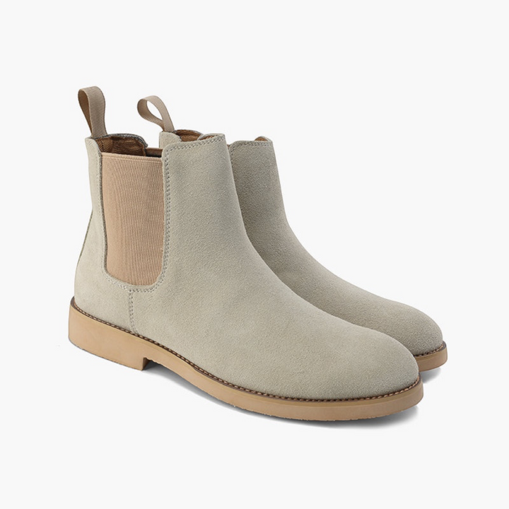 Luna Moda beige suede Chelsea boots with elastic side panels and a flat leather sole for a versatile look.