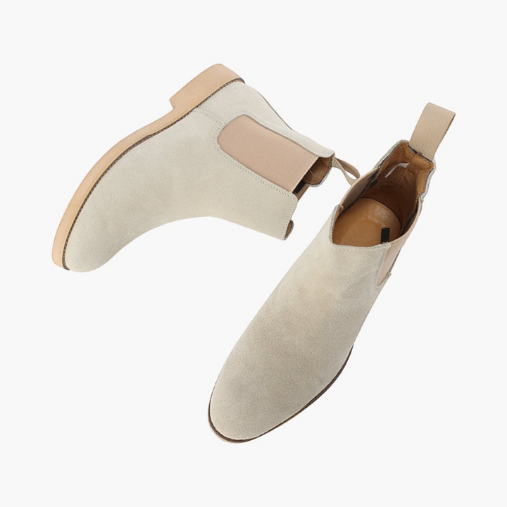Luna Moda beige suede slip-on Chelsea boots with leather soles and elastic side panels for a versatile look.