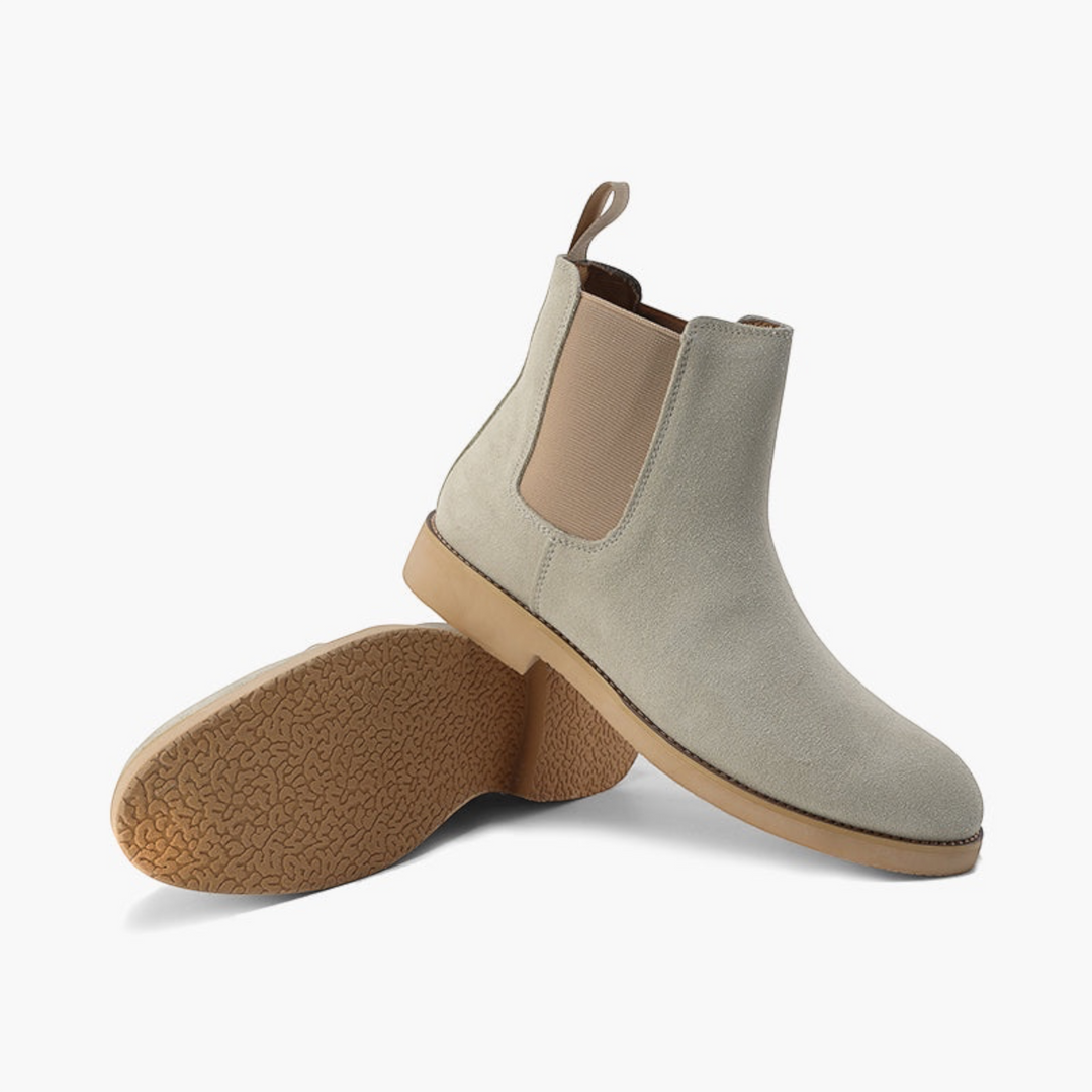 Luna Moda beige suede Chelsea boots with elastic side panels and a textured rubber sole on a clean white background.