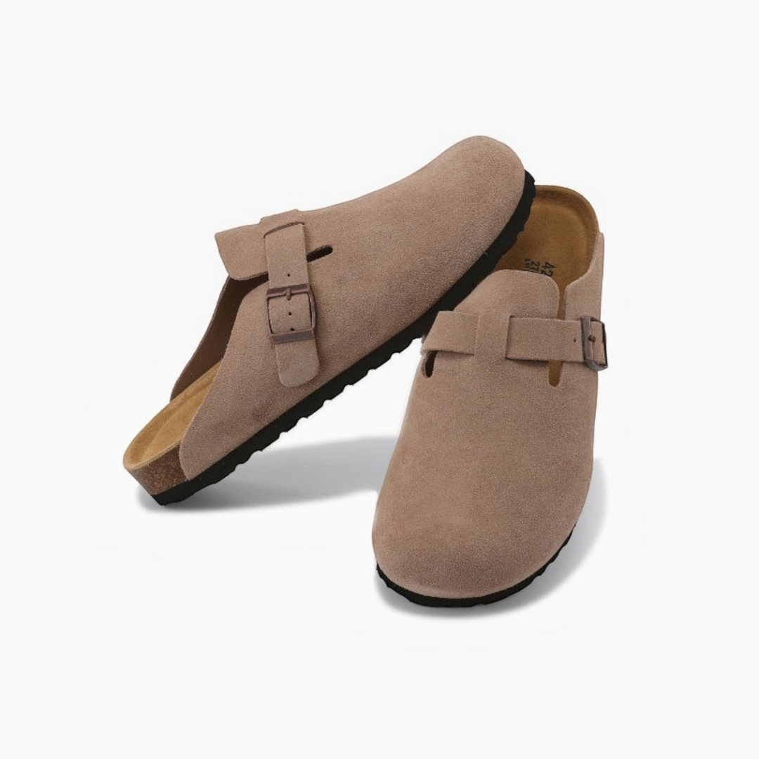 Luna Moda Sebastian beige calf suede clogs with adjustable buckle strap and leather insole