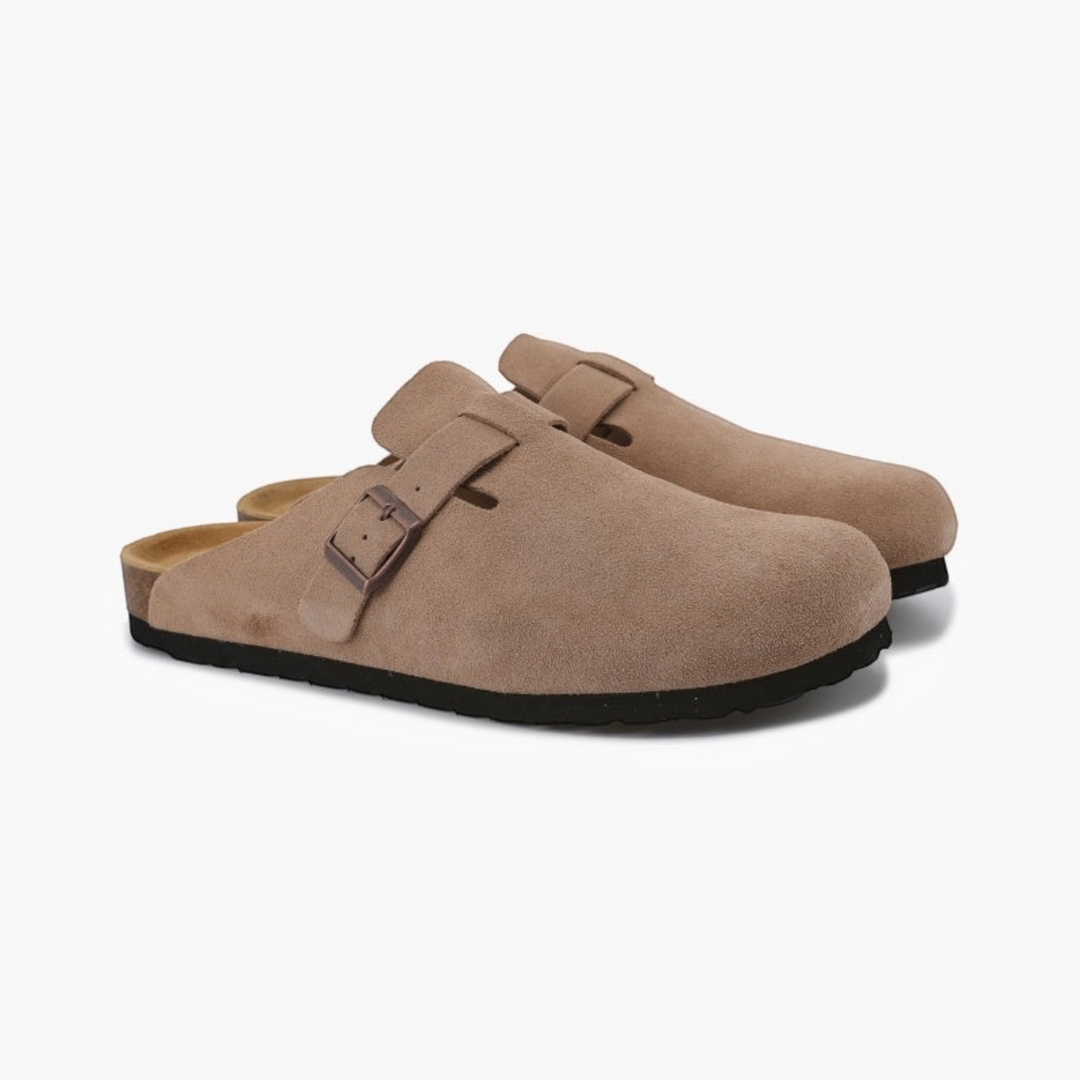 Luna Moda Sebastian beige calf suede clogs with a buckle strap and leather insole on a white background