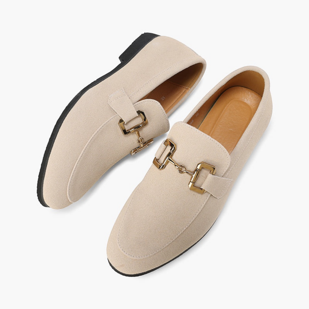 Luna Moda beige suede calfskin loafers with gold-tone metal horsebit detail and leather insole