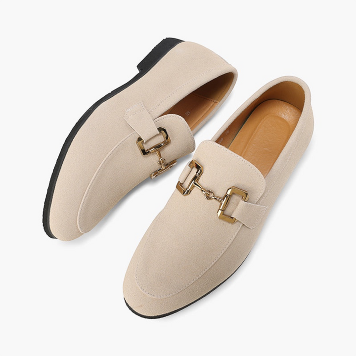 Luna Moda beige suede calfskin loafers with gold-tone metal horsebit detail and leather insole
