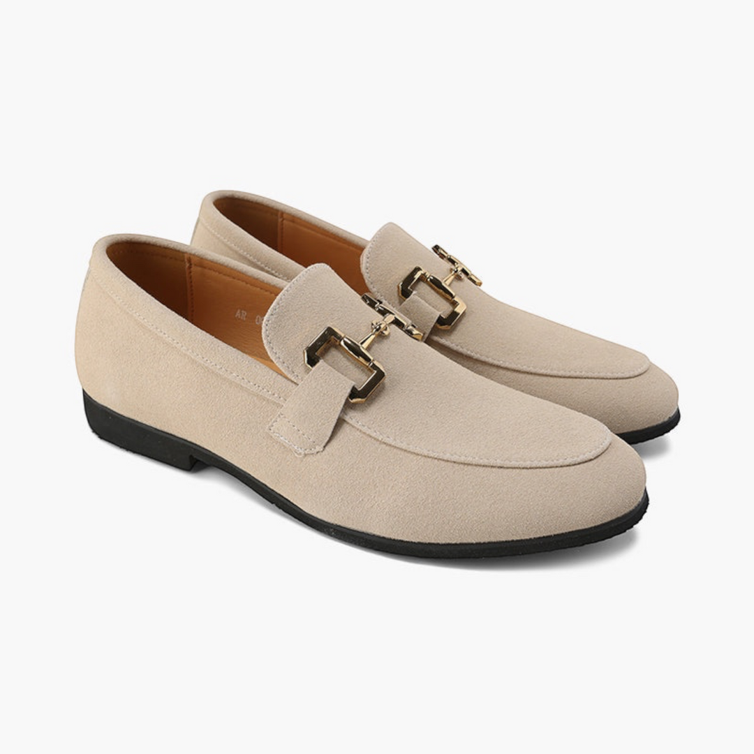 Luna Moda MILO beige suede calfskin loafers with gold-tone metal hardware and leather insole