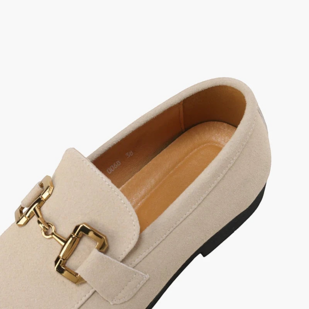 Luna Moda MILO beige suede calfskin loafers with gold-tone metal horsebit detail and leather insole