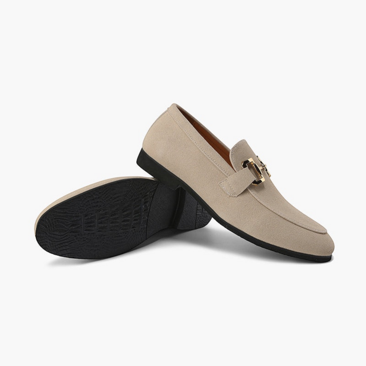 Luna Moda MILO beige suede calfskin loafers with gold-tone metal hardware and black textured sole