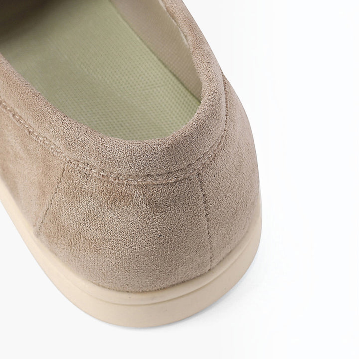 Luna Moda beige suede moccasins featuring detailed stitching and a supportive cushioned inner sole