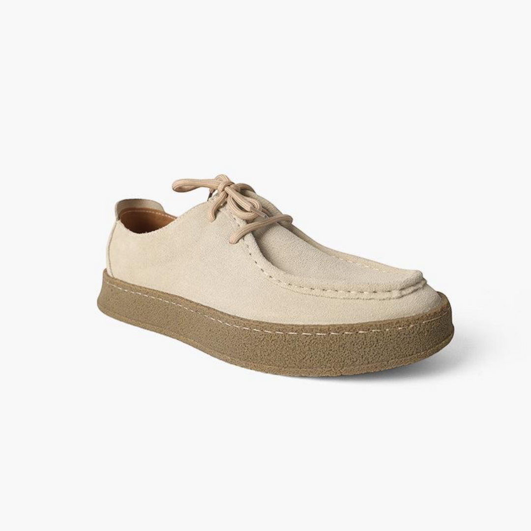 Luna Moda BRYAN beige calf suede slip-on moccasins with delicate stitching and a textured rubber sole