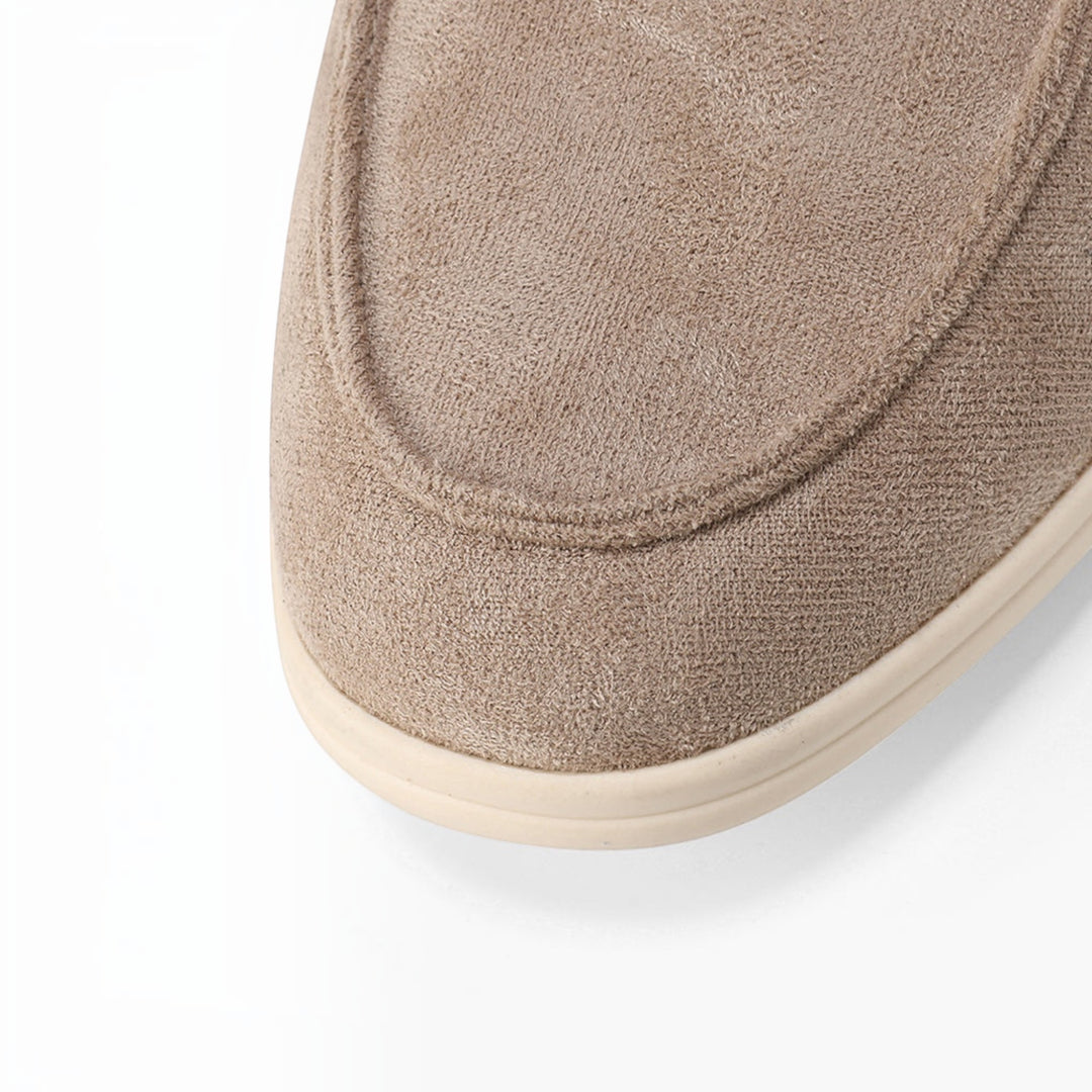 Luna Moda Romeo beige suede moccasins with detailed stitching and supportive inner sole for superior comfort