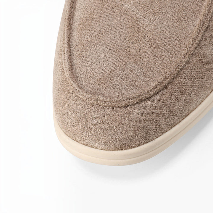 Luna Moda Romeo beige suede moccasins with detailed stitching and supportive inner sole for superior comfort