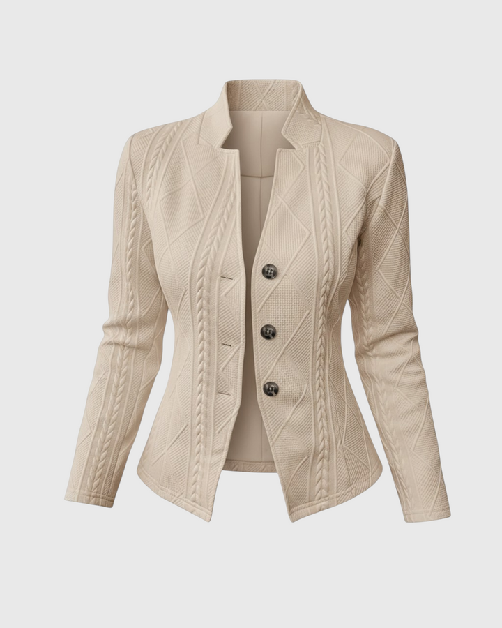 Luna Moda beige mid-season coat with a textured cable knit pattern, mandarin collar, and three-button closure.