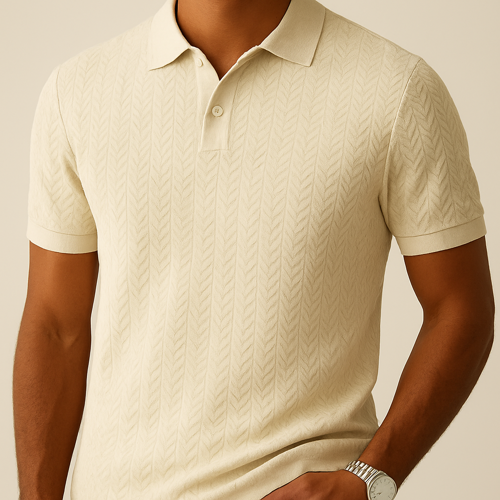 Luna Moda men's beige polo shirt with a modern collar, tailored fit, and textured herringbone knit pattern.