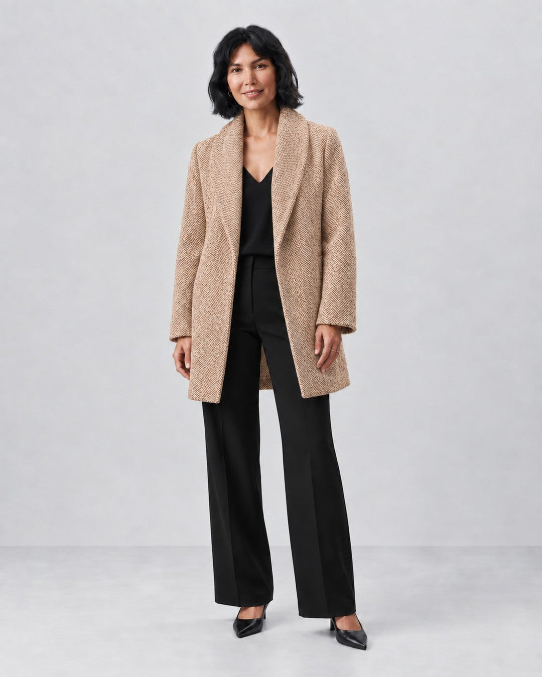 Luna Moda Clara classic beige tweed jacket worn by a woman with black trousers and heels