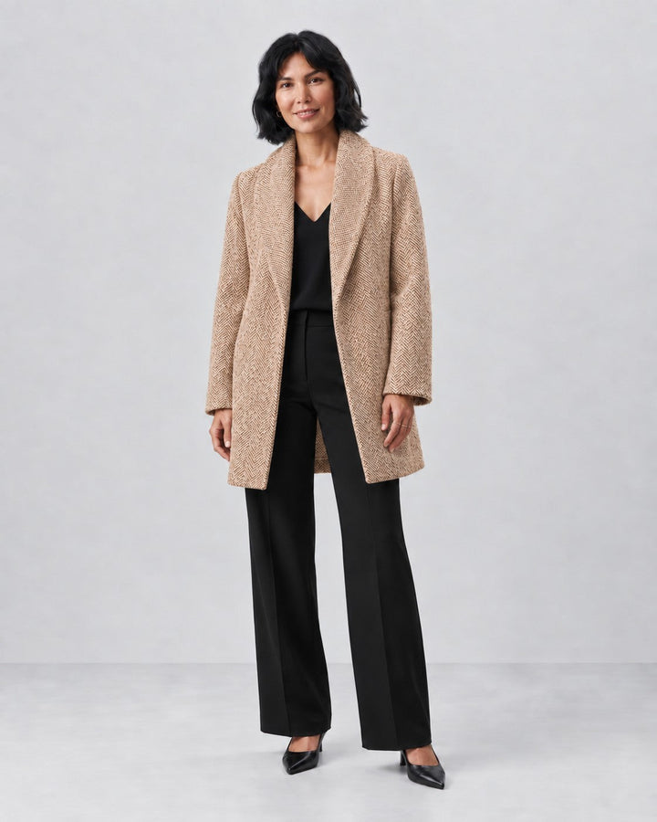 Luna Moda Clara classic beige tweed jacket worn by a woman with black trousers and heels