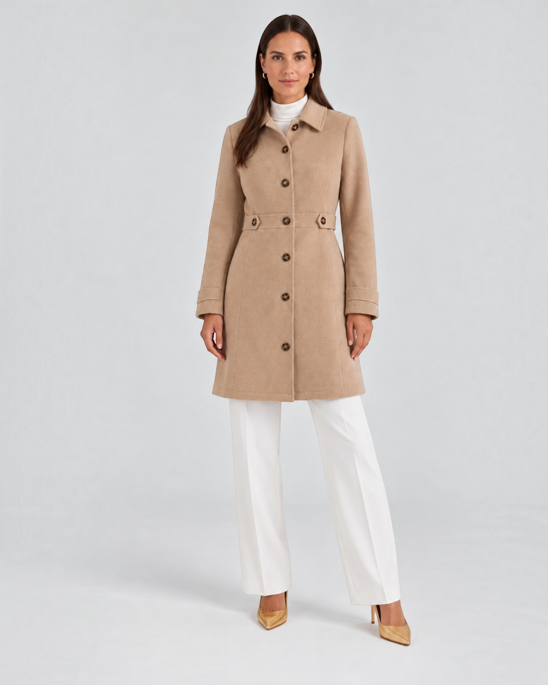 Luna Moda beige wool-blend short coat with button closure worn by a model with white trousers and gold heels