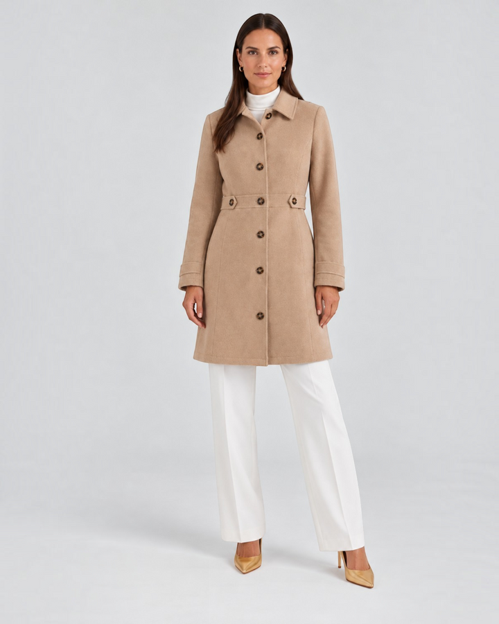 Luna Moda beige wool-blend short coat with button closure worn by a model with white trousers and gold heels