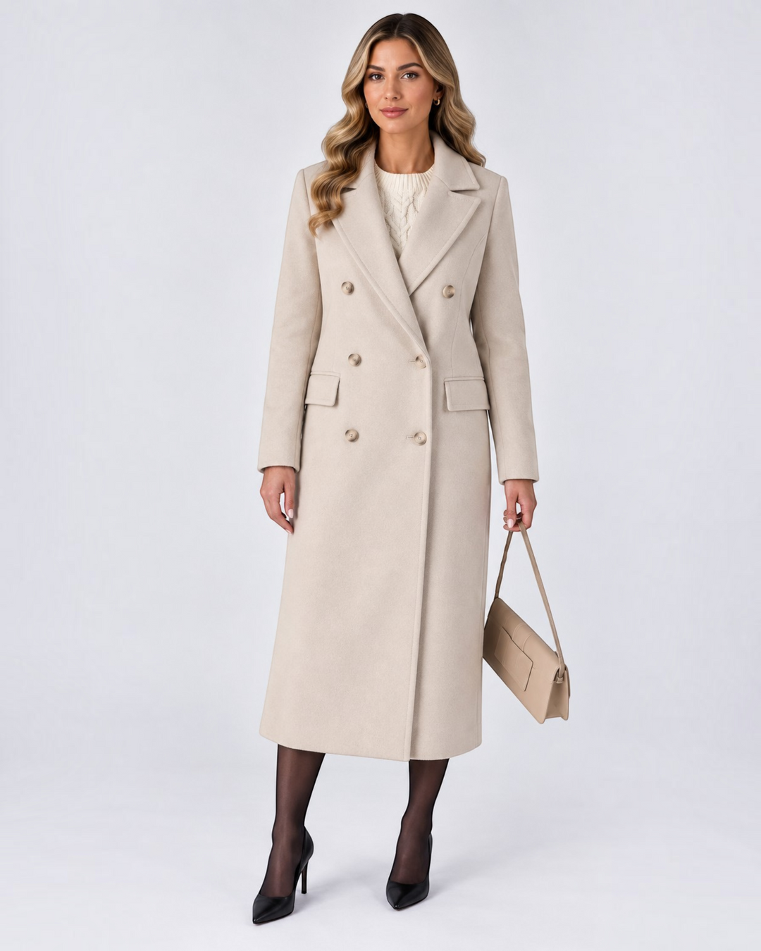 Luna Moda beige double-breasted wool trench coat worn by a woman with a matching handbag and black heels.
