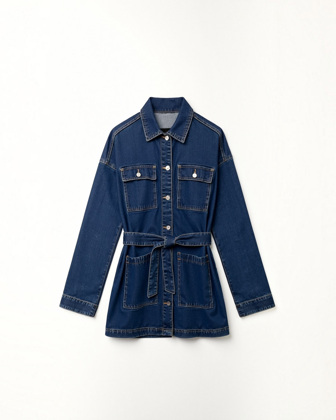 Luna Moda Alice relaxed fit dark blue denim jacket with a waist belt, button-up front, and chest pockets.