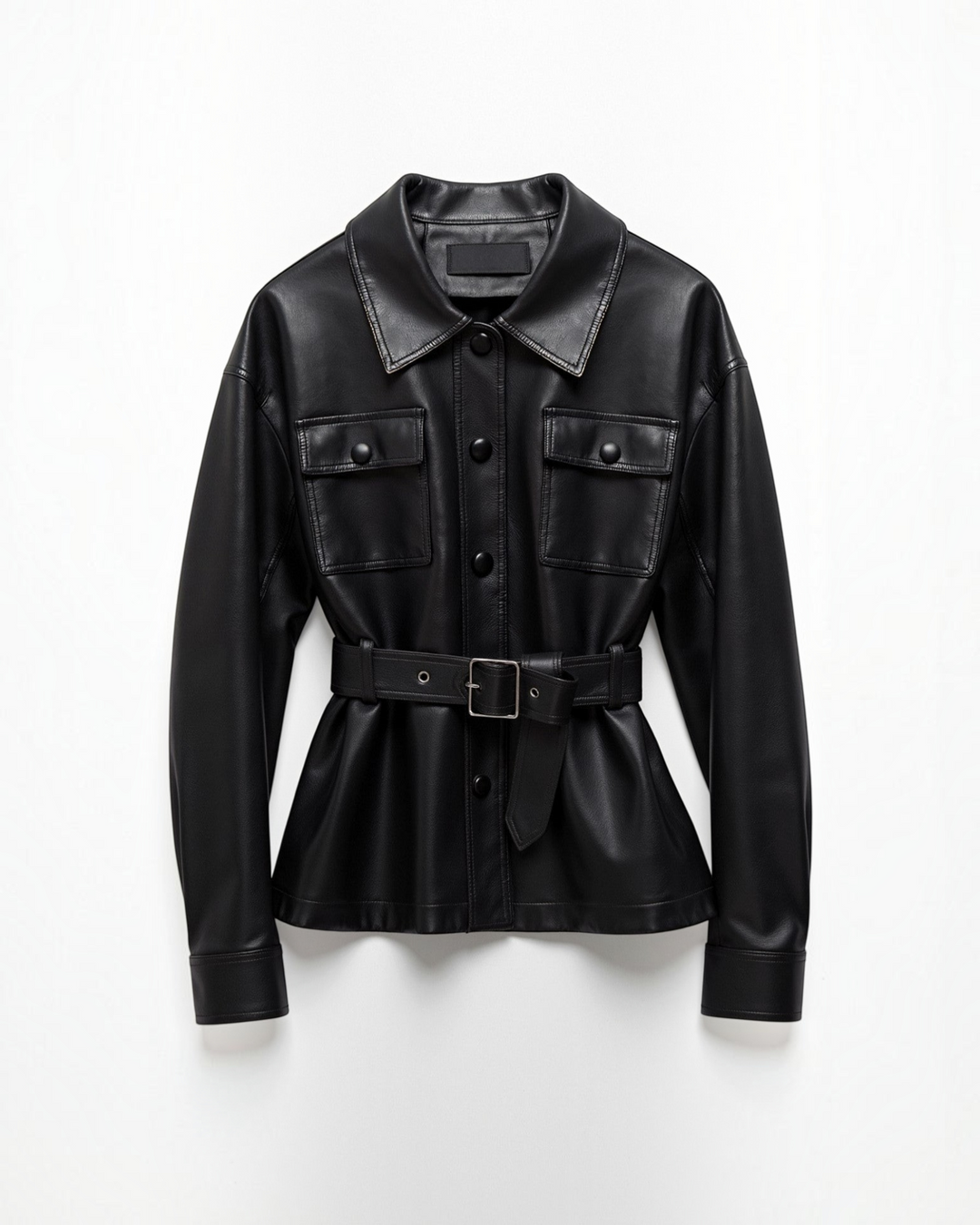 Luna Moda black PU leather jacket with a belted waist, button-down front, and two large chest pockets.