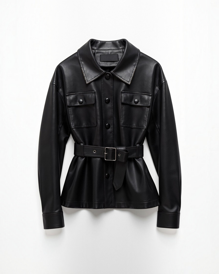 Luna Moda black PU leather jacket with a belted waist, button-down front, and two large chest pockets.