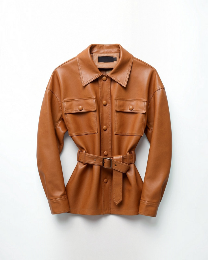 Luna Moda tan PU leather jacket with a collared neckline, button-down front, large chest pockets, and waist belt.