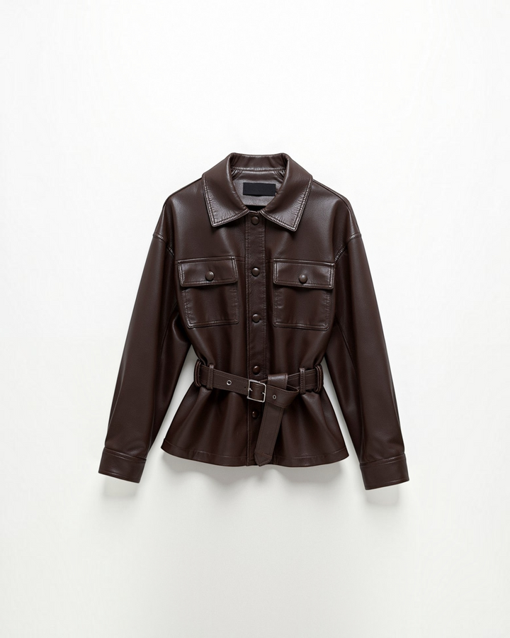 Luna Moda dark brown PU leather jacket with a collared neckline, button-up front, large pockets, and waist belt.