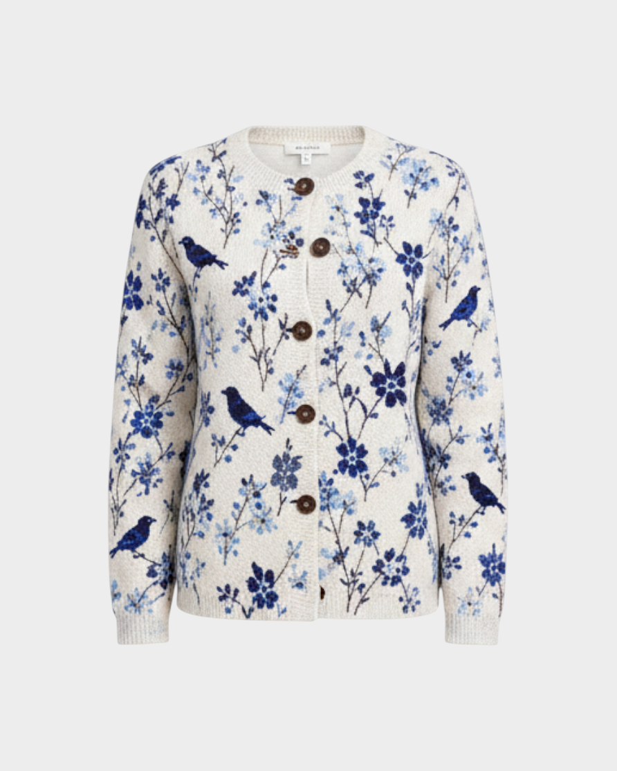 Luna Moda Benedetta cardigan in cream with a vintage blue bird and floral print, featuring wooden-style front buttons.