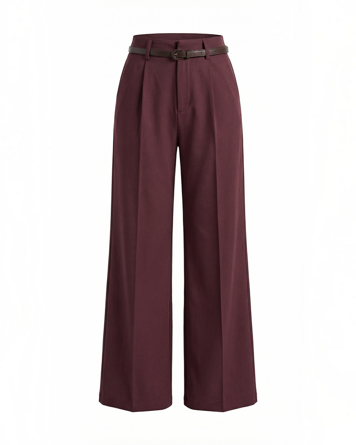 Luna Moda burgundy palazzo trousers with front pleats and a matching waist belt on a white background